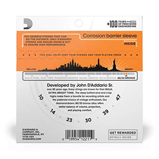 D'Addario EJ10 80/20 Bronze Acoustic Guitar Strings 10-47 Extra Light - Deccan Retail