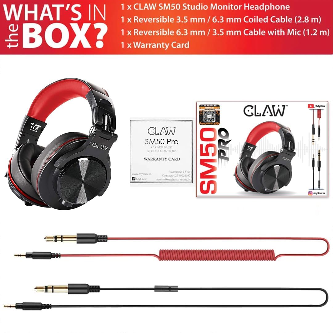 CLAW SM50 Professional Studio Monitoring DJ Headphones |Black & Red