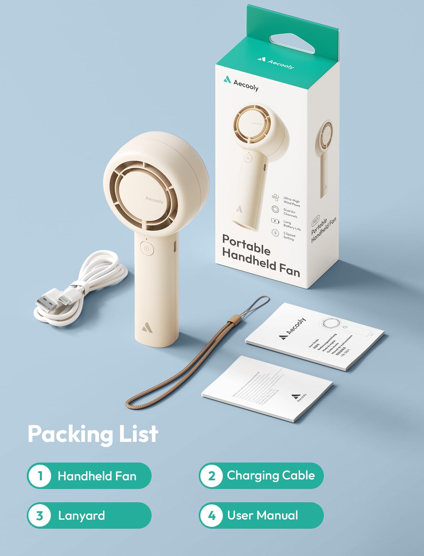 Aecooly Halo-01 4500mAh Portable Handheld Fan - Beige - Deccan Retail
