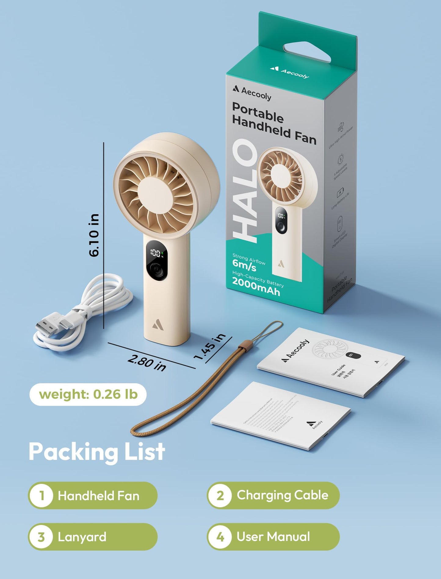 Aecooly Halo-03 2000mAh Portable Handheld Fan - Beige - Deccan Retail
