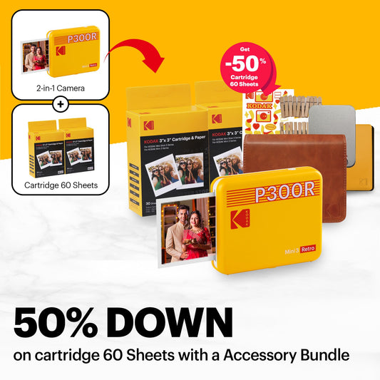 Kodak Mini 3 Retro 4PASS Portable Photo Printer 3x3" with 68 Sheets Bundle - White - Deccan Retail