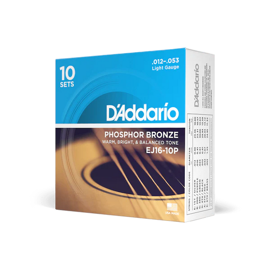 D'Addario EJ16-3D Phosphor Bronze Acoustic Guitar Strings Light 12-53 (10-Pack) - Deccan Retail
