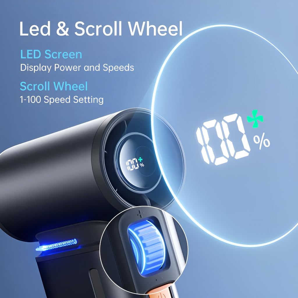JISULIFE Portable Handheld Turbo Fan, 100 Speeds Adjustable Mini Personal Fan, 9000mAh USB Rechargeable Battery Operated, LED Display, Metal Shell with Accessories Gifts for Men Women Travel- Grey - Deccan Retail