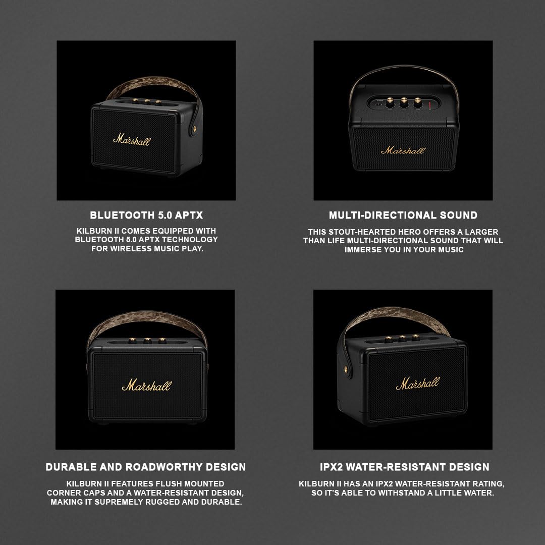 Marshall Kilburn II Portable Bluetooth Speaker – Black & Brass - Deccan Retail