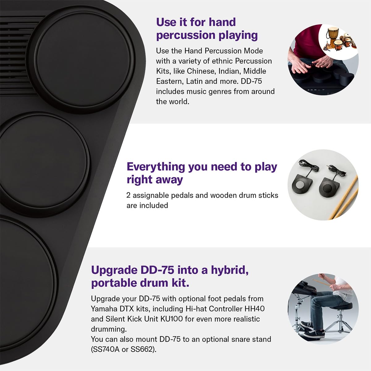 Yamaha DD75 Portable Digital Drums Package with 2 Pedals, Drumsticks - Power Supply Included - Deccan Retail