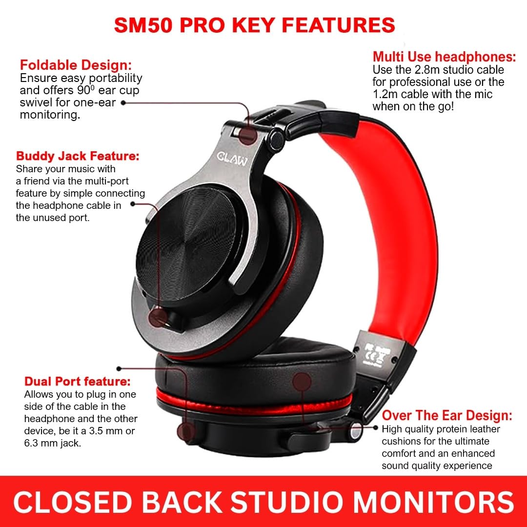 CLAW SM50 PRO Professional Studio Monitoring DJ Headphones - Black & Red