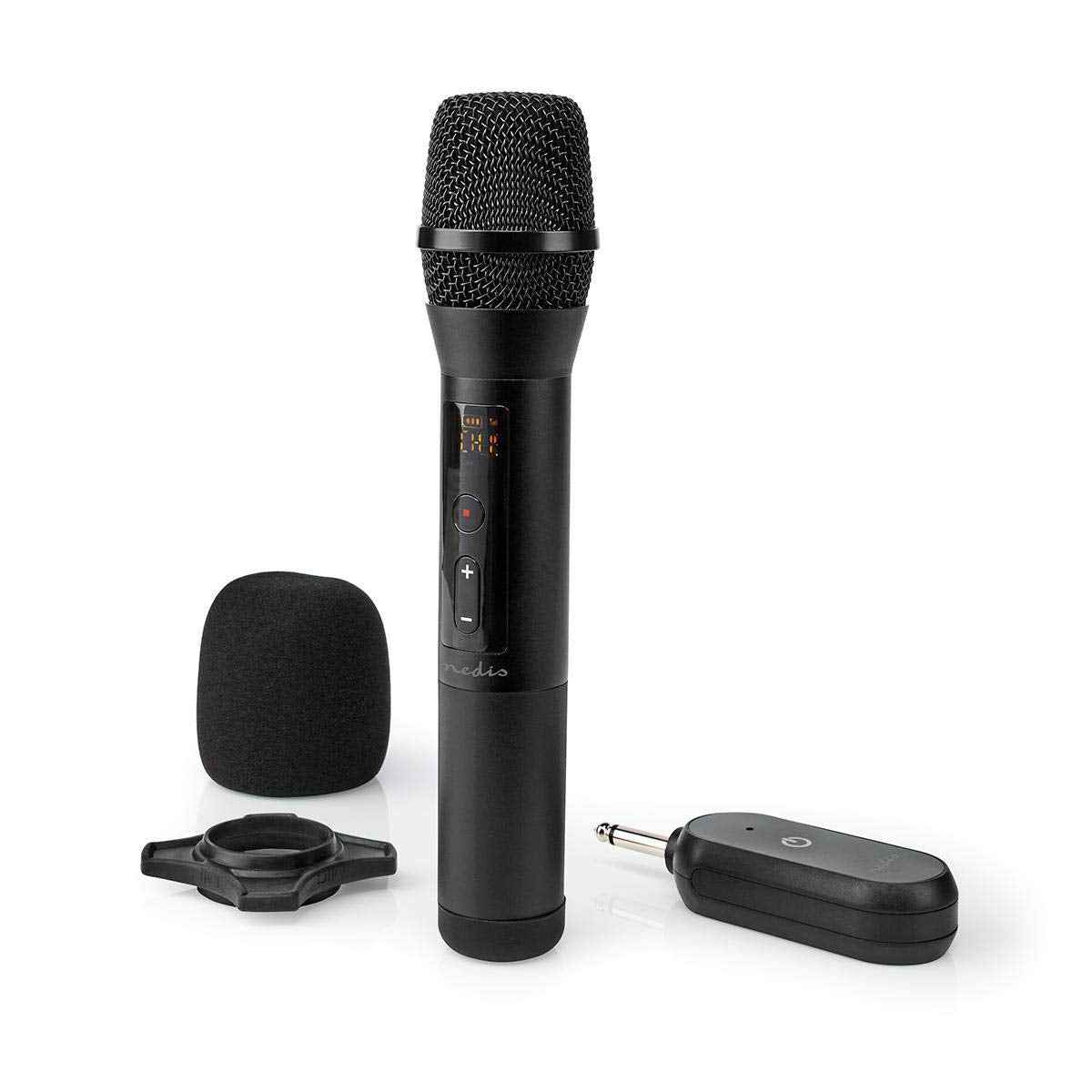 NEDIS Wireless Microphone, UHF Cordless Handheld Mic System, 50m Range, with Portable Receiver, Volume Control and 6.35mm 1/4” Plug, for Amplifier, PA, Karaoke