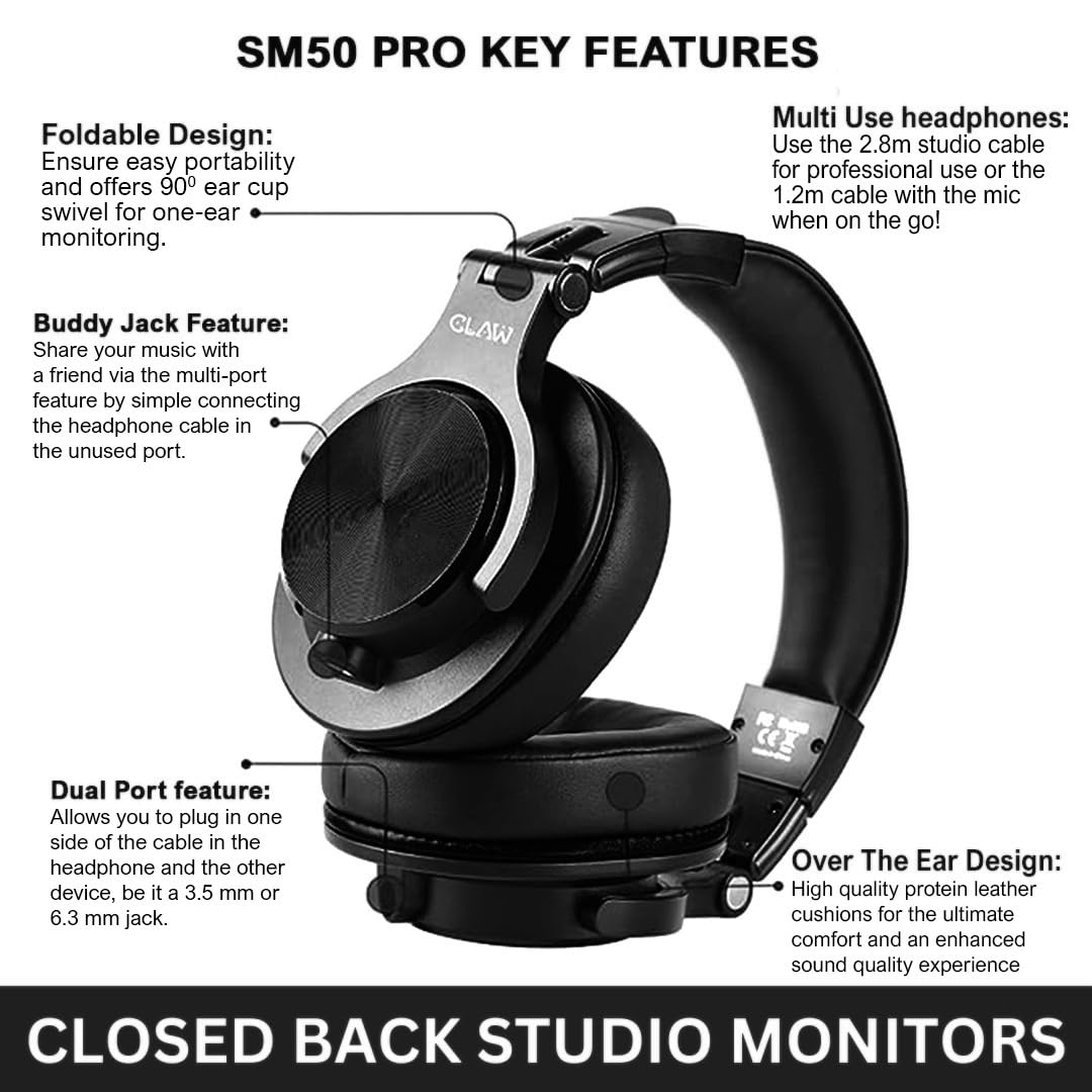 CLAW SM50 Pro Professional Studio Monitoring DJ Wired Over-Ear Headphones - Deccan Retail