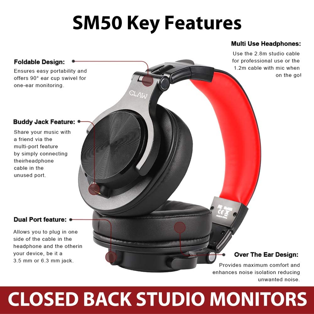 CLAW SM50 Professional Studio Monitoring DJ Headphones |Black & Red
