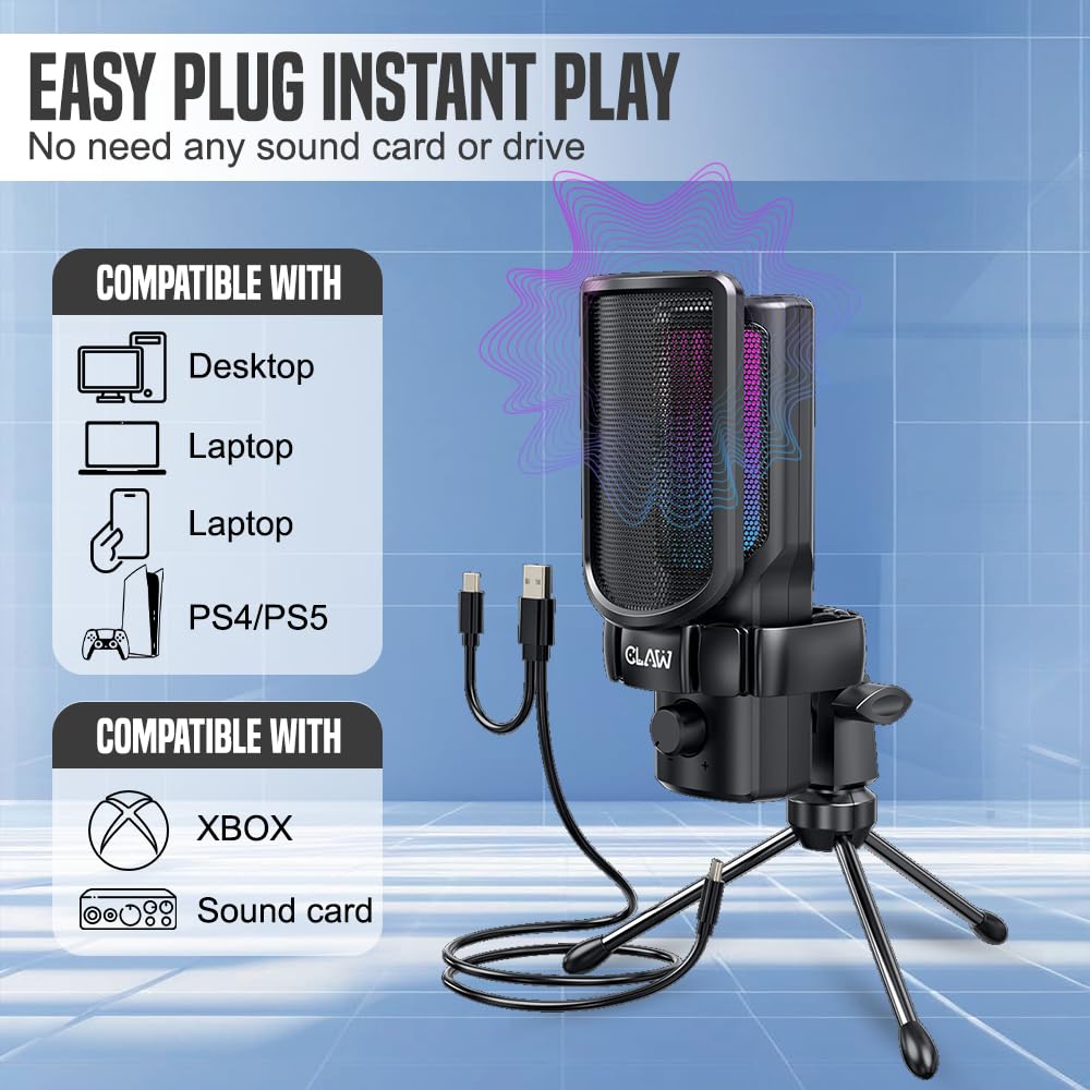 CLAW GM17 RGB Condenser Gaming Microphone with Cardioid & Tripod Stand - Deccan Retail