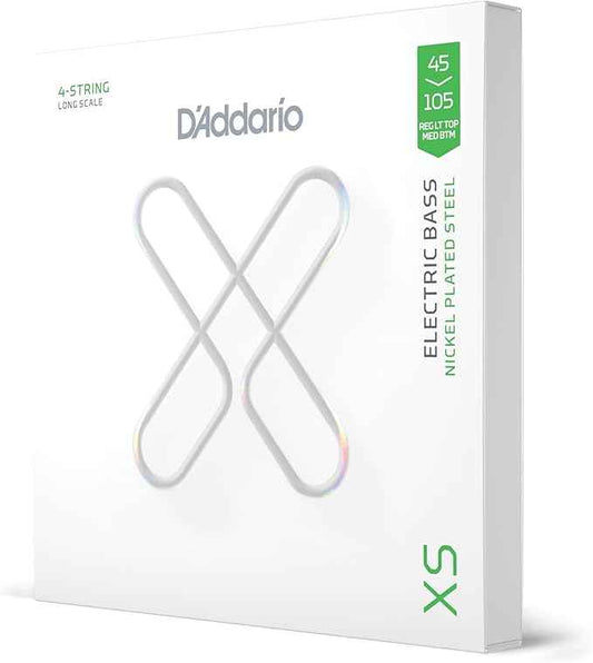 D'Addario Bass Guitar Strings, XS Coated Electric, XSB45105, Light Top/Medium Bottom 45-105, 4-String Set, Pack of 1