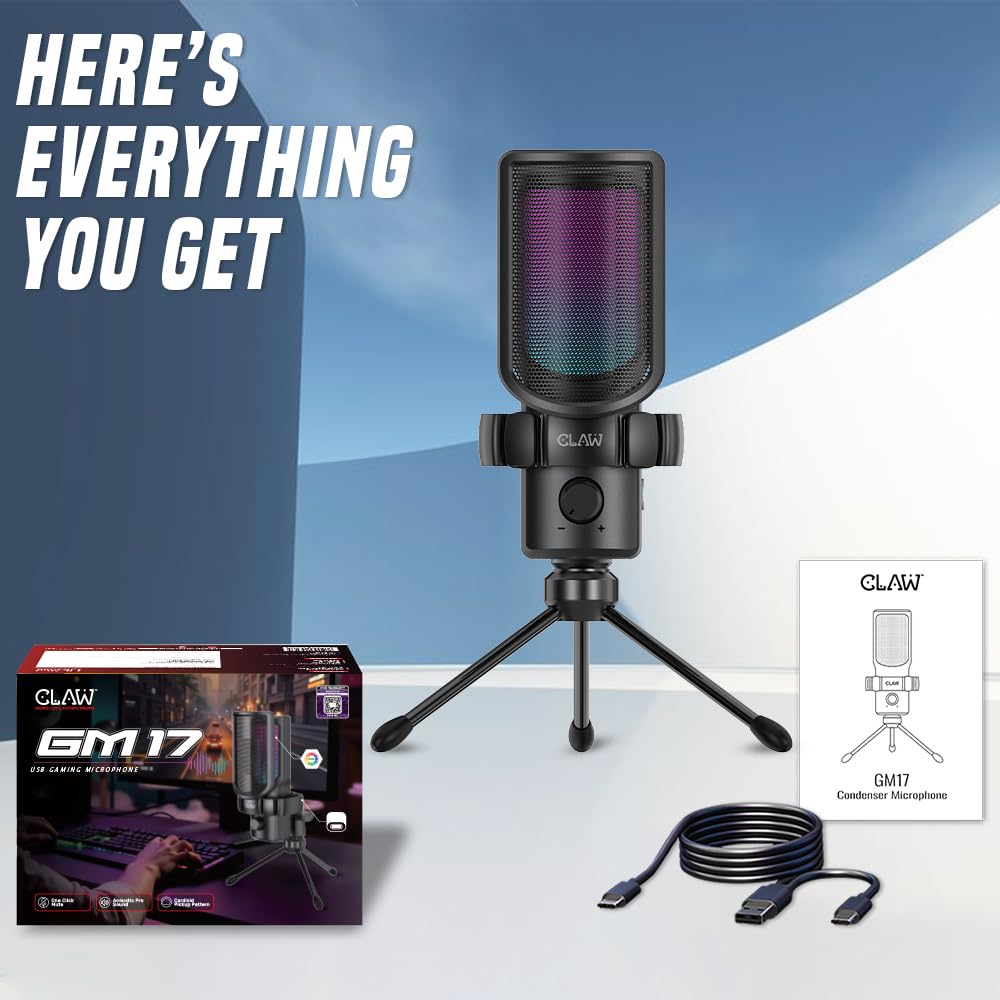 CLAW GM17 RGB Condenser Gaming Microphone with Cardioid & Tripod Stand - Deccan Retail