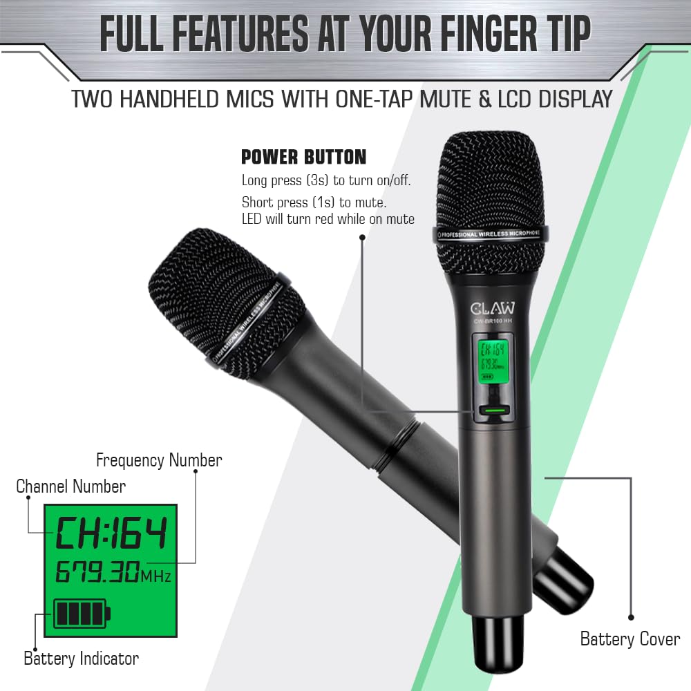 CLAW CW-BR100HH Dual Channel UHF Wireless Microphone System with 2 Handheld Mics - Deccan Retail