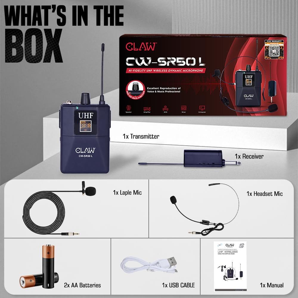 CLAW CW-SR50L Professional UHF Wireless Lavalier & Head Microphone System - Deccan Retail