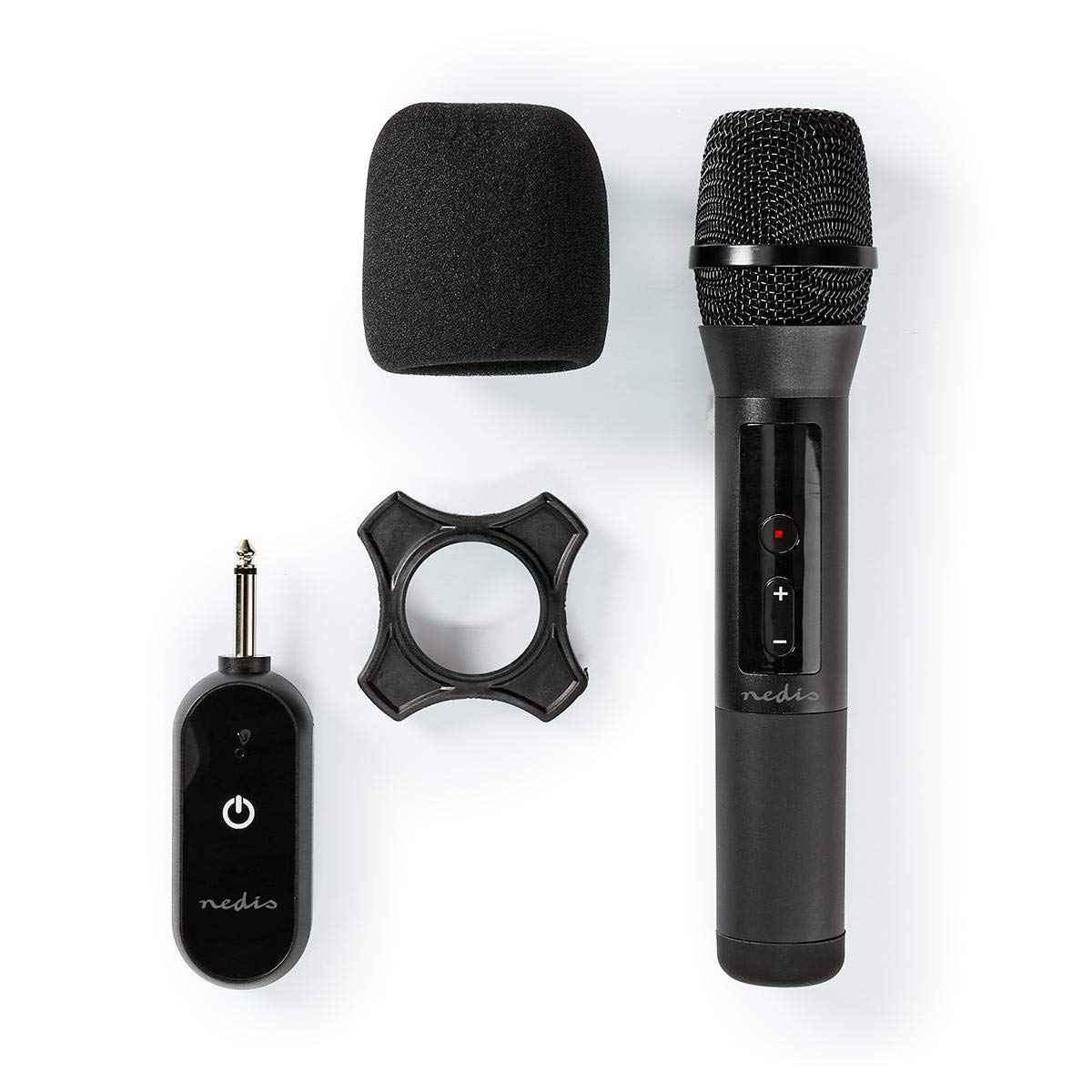 NEDIS Wireless Microphone, UHF Cordless Handheld Mic System, 50m Range, with Portable Receiver, Volume Control and 6.35mm 1/4” Plug, for Amplifier, PA, Karaoke