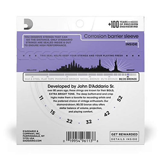 D'Addario EJ13 80/20 Bronze Acoustic Guitar Strings 11-52 Custom Light - Deccan Retail