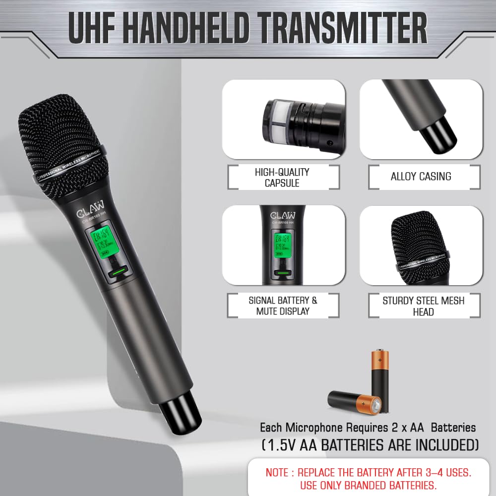 CLAW CW-BR100HH Dual Channel UHF Wireless Microphone System with 2 Handheld Mics - Deccan Retail