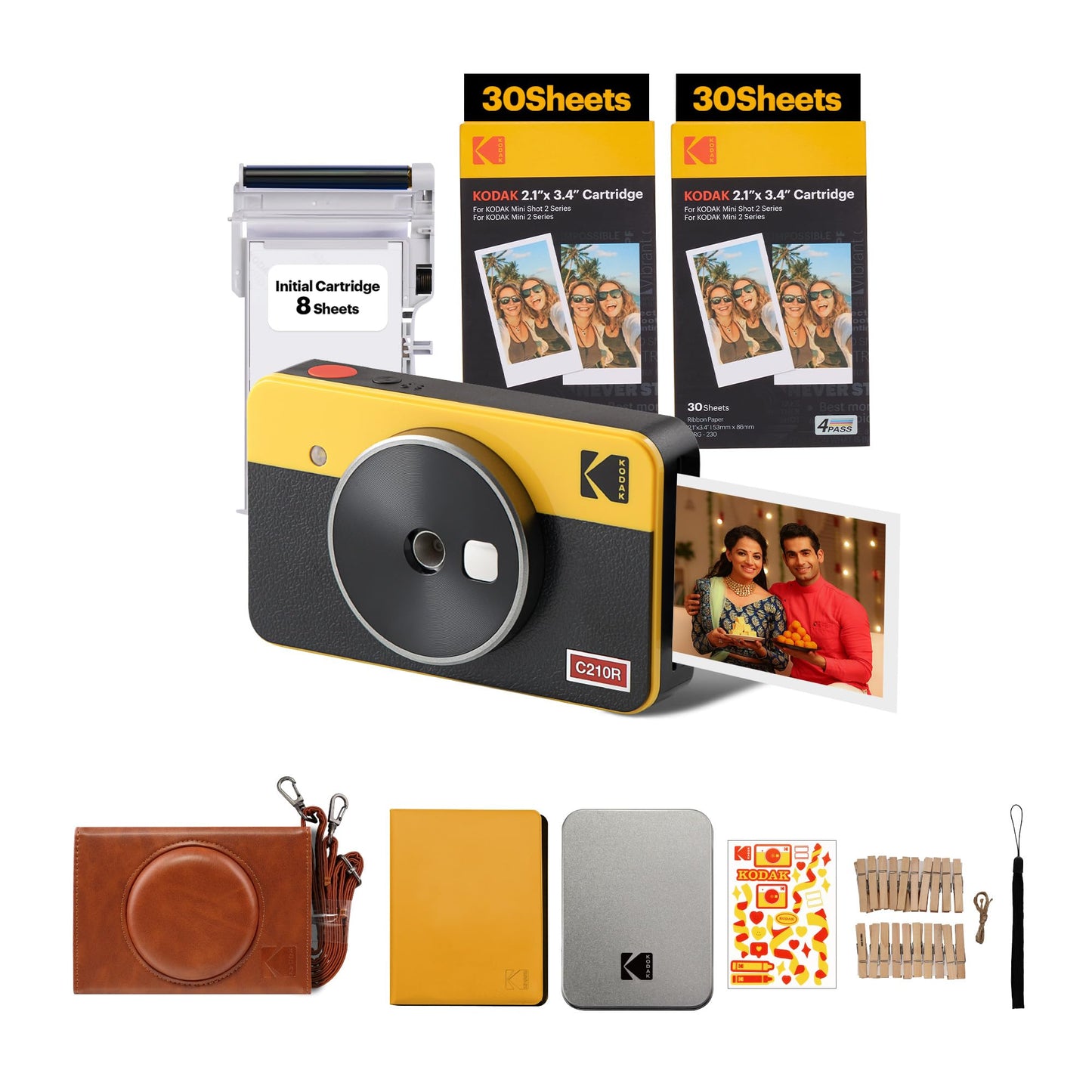 Kodak Mini Shot 2 Retro 4PASS 2-in-1 Instant Camera & Photo Printer 2.1x3.4" with 68 Sheets Bundle - Yellow - Deccan Retail