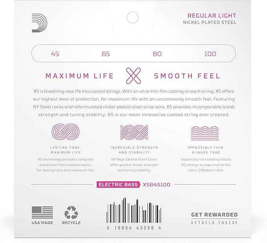 D'Addario Bass Guitar Strings, XS Coated Electric, XSB45100, Regular Light 45-100, 4-String Set, Pack of 1