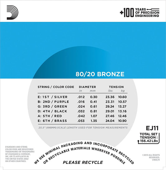 D'Addario EJ11 80/20 Bronze Acoustic Guitar Strings Light 12-53 (2 Pack) - Deccan Retail