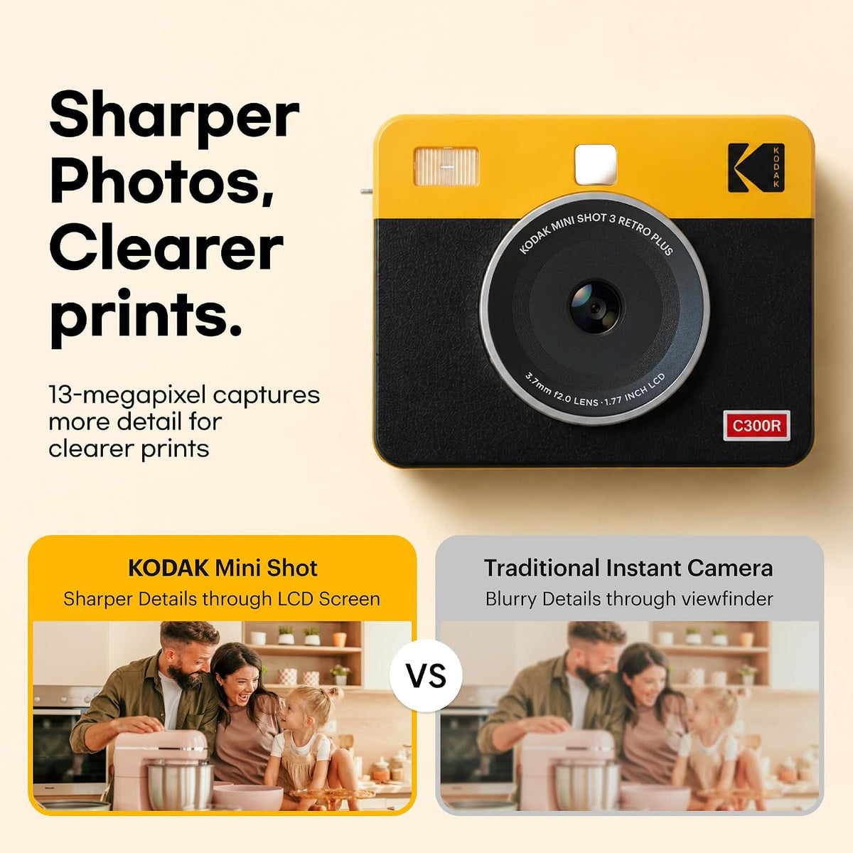 KODAK Mini Shot 3 Retro 3×3 Instant Camera & Photo Printer – 38 Sheets, Yellow