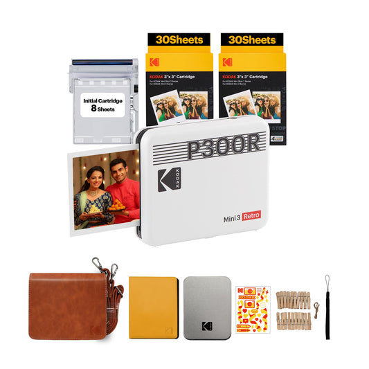Kodak Mini 3 Retro 4PASS Portable Photo Printer 3x3" with 68 Sheets Bundle - White - Deccan Retail