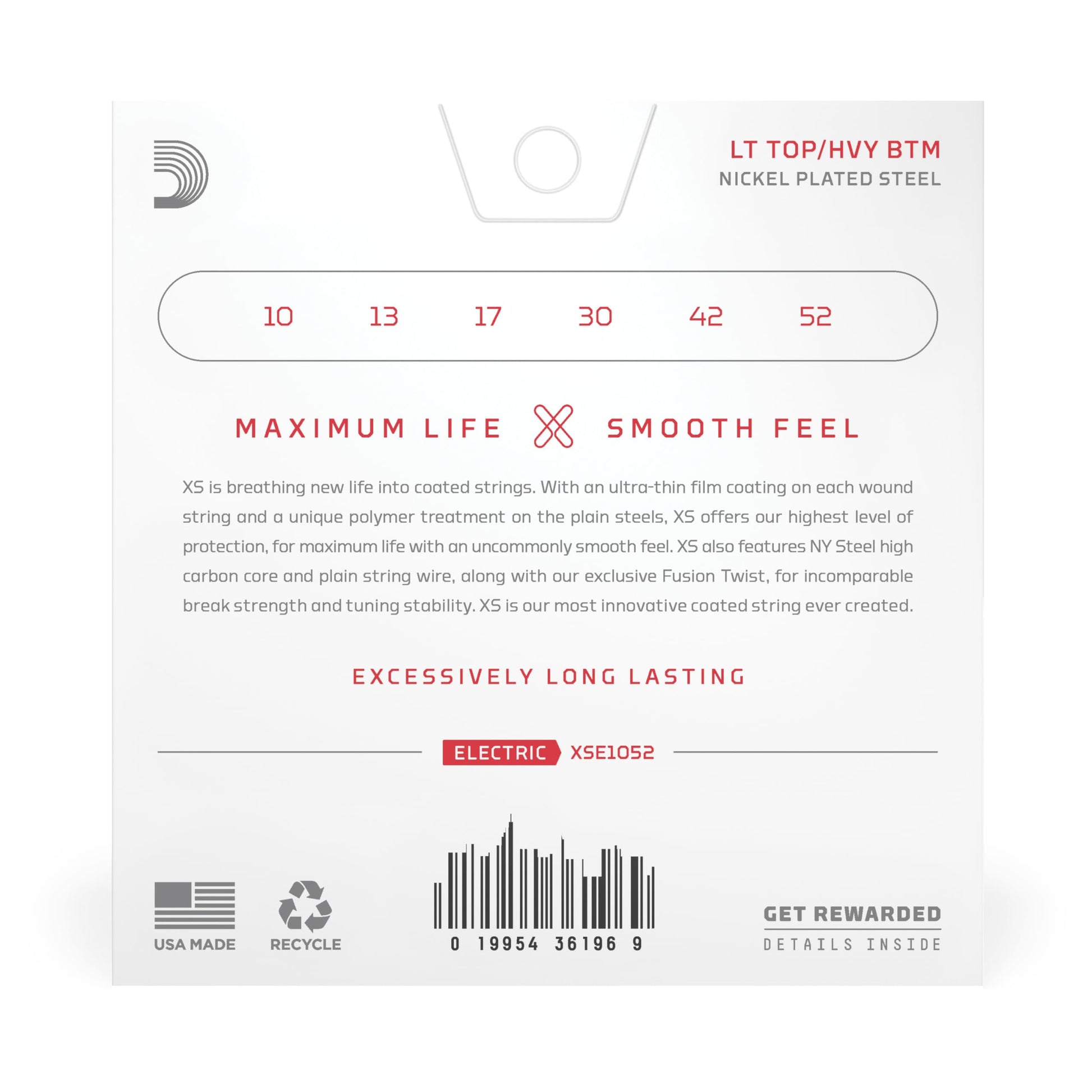 D'Addario XS Coated Electric Guitar Strings Light Top/Heavy Bottom 10-52 (XSE1052) - Deccan Retail