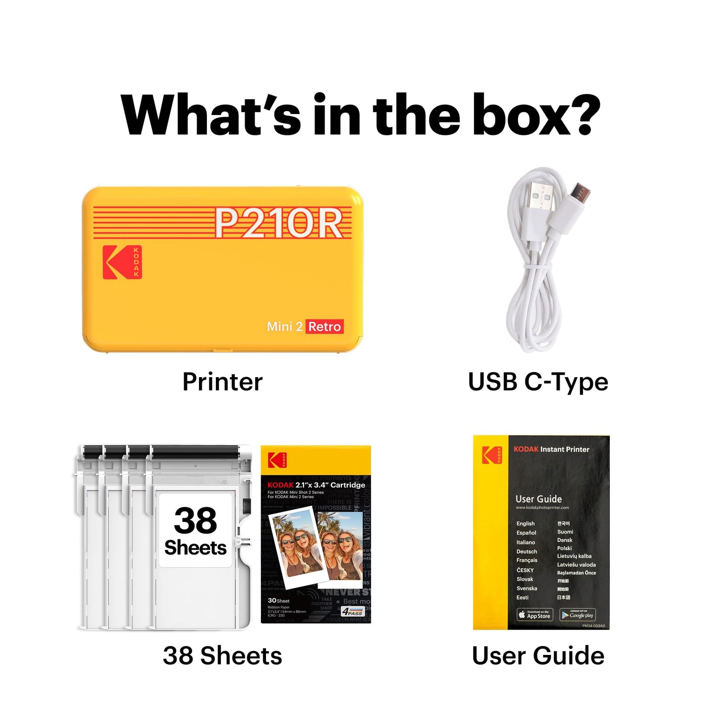 Kodak Mini 2 Retro 4PASS Portable Photo Printer 2.1x3.4" with 68 Sheets Bundle - White - Deccan Retail