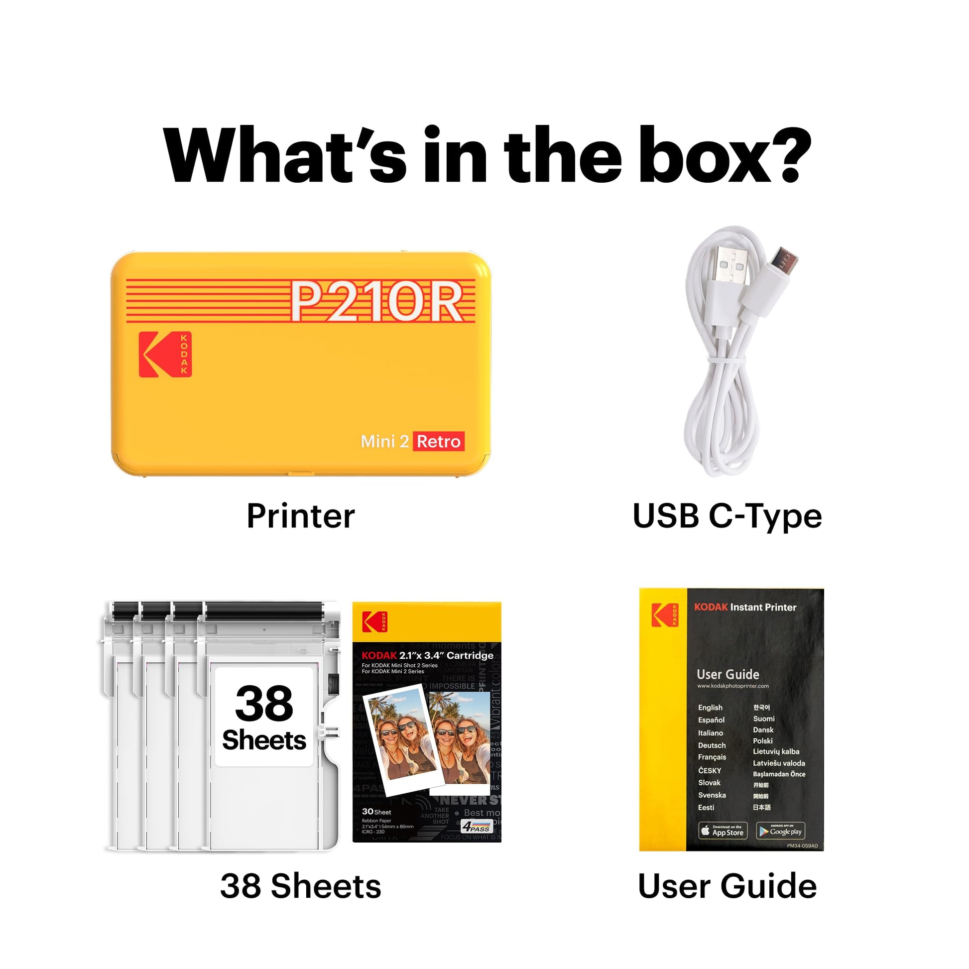 Kodak Mini 2 Retro 4PASS Portable Photo Printer 2.1x3.4" with 68 Sheets Bundle - White - Deccan Retail
