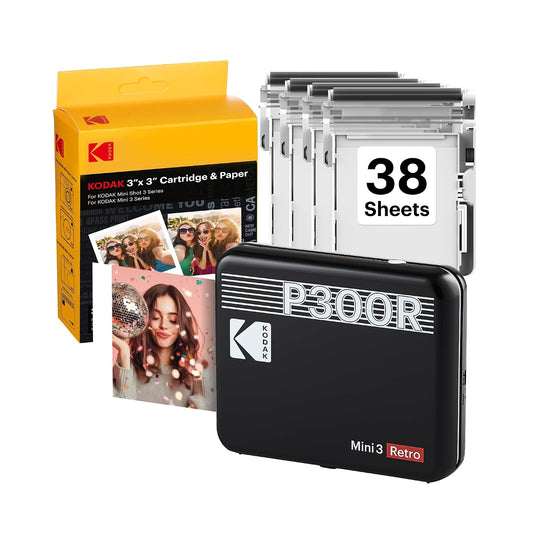 KODAK Mini 3 Retro Portable Photo Printer 3×3" with 38 Sheets Bundle – Black