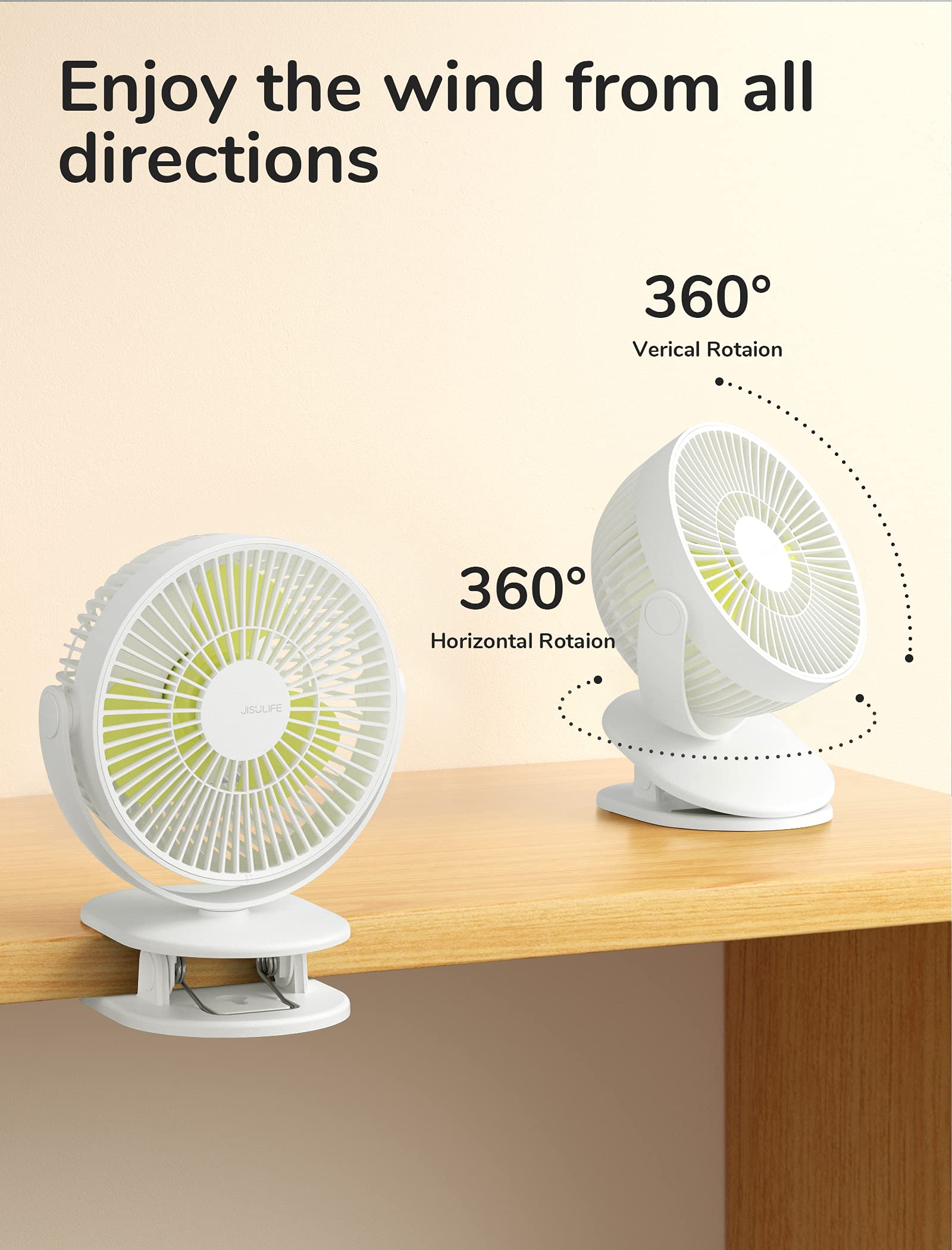 JISULIFE Mini Clip Fan, 4000mAh - Milky White - Deccan Retail