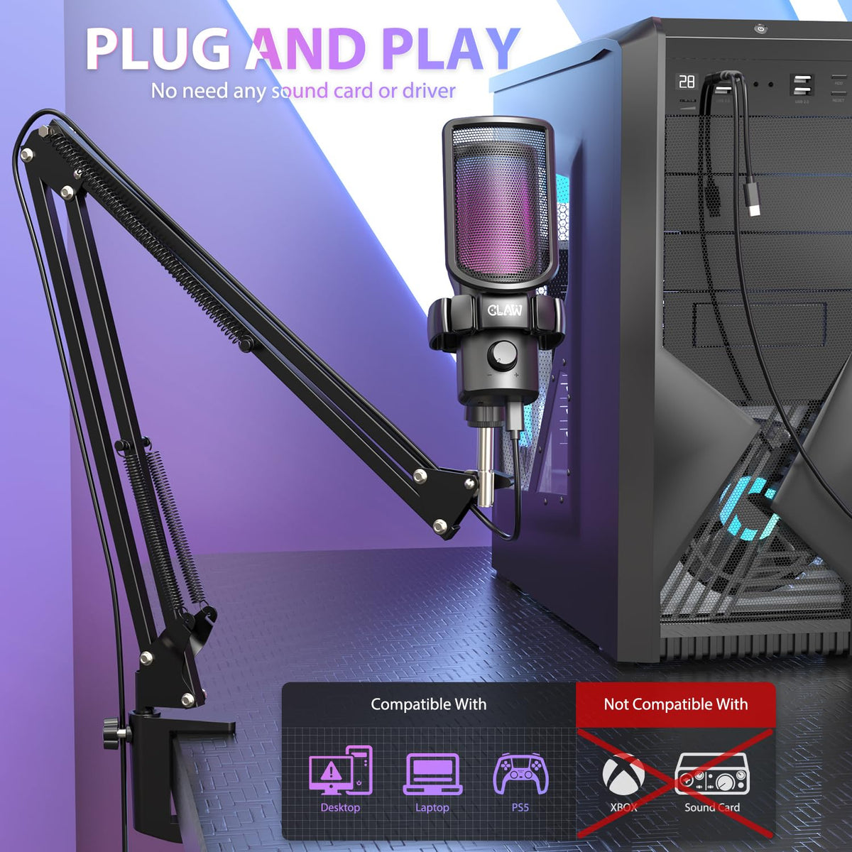 CLAW GM17 Kit RGB Condenser Gaming Microphone with Cardioid & Type-C Connectivity - Deccan Retail