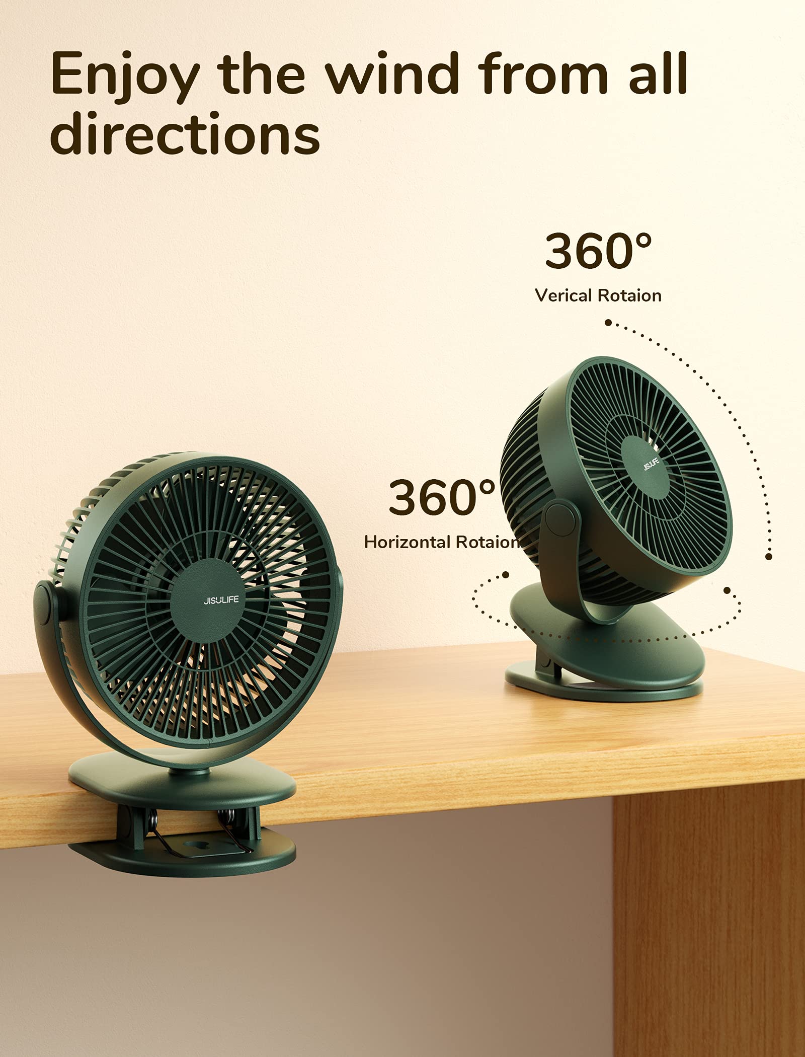 JISULIFE Mini Clip Fan, 4000mAh - Green - Deccan Retail