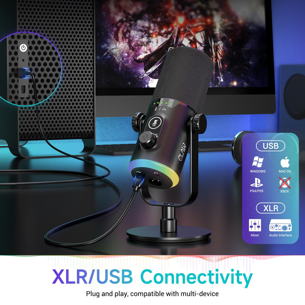 CLAW GM43 Dynamic RGB Gaming Microphone with USB/XLR & Cardioid Pickup - Deccan Retail