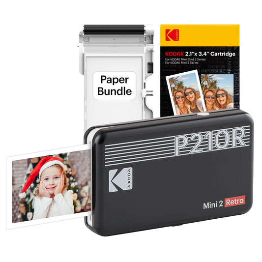 Kodak Mini 2 Retro 4PASS Portable Photo Printer with 68 Sheets Bundle - Black - Deccan Retail