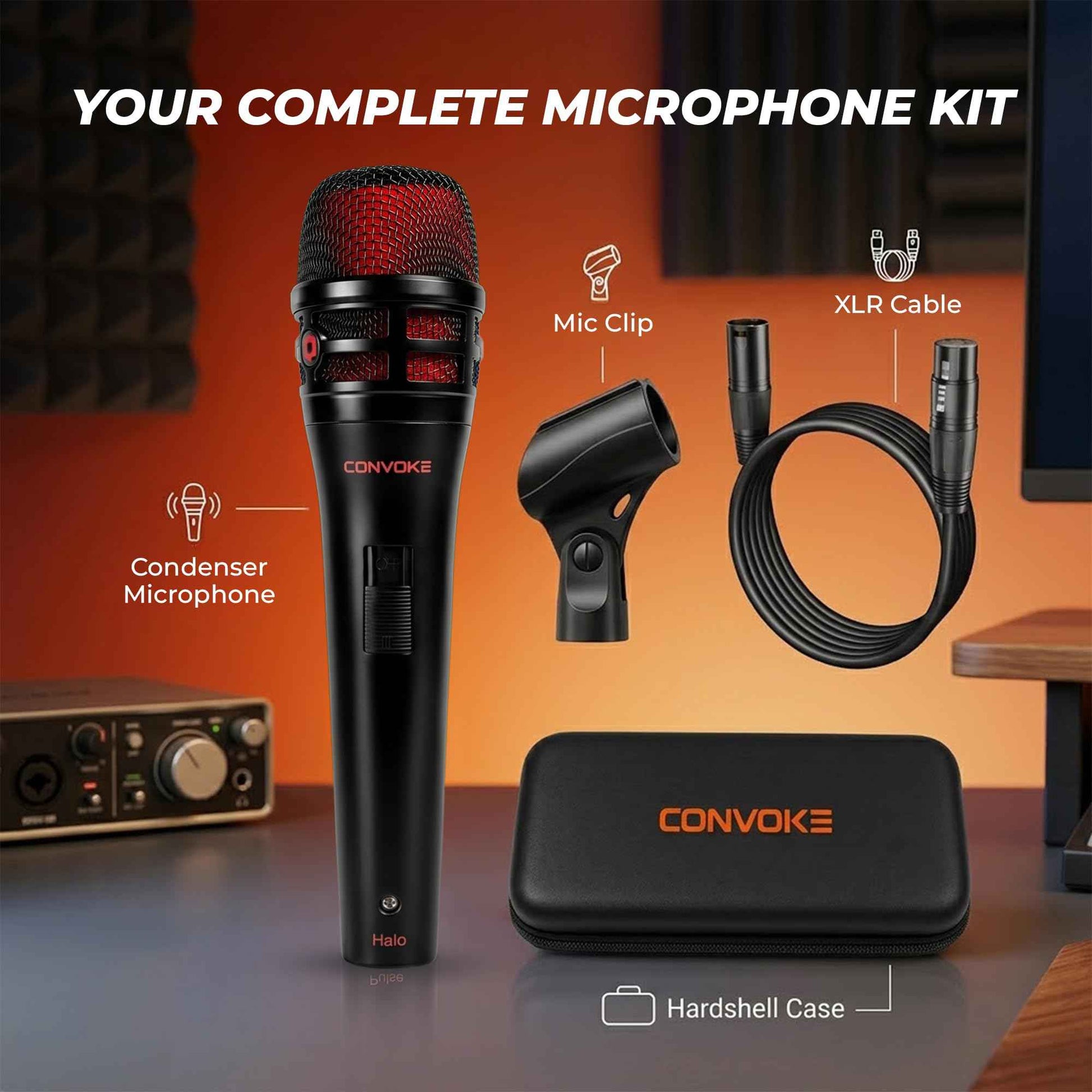 CONVOKE Halo Professional XLR Condenser Microphone for Podcasting Studio Recording | 20Hz–20KHz Frequency Response | Broadcast-Quality Vocal Microphone with XLR Cable & Mic Clip