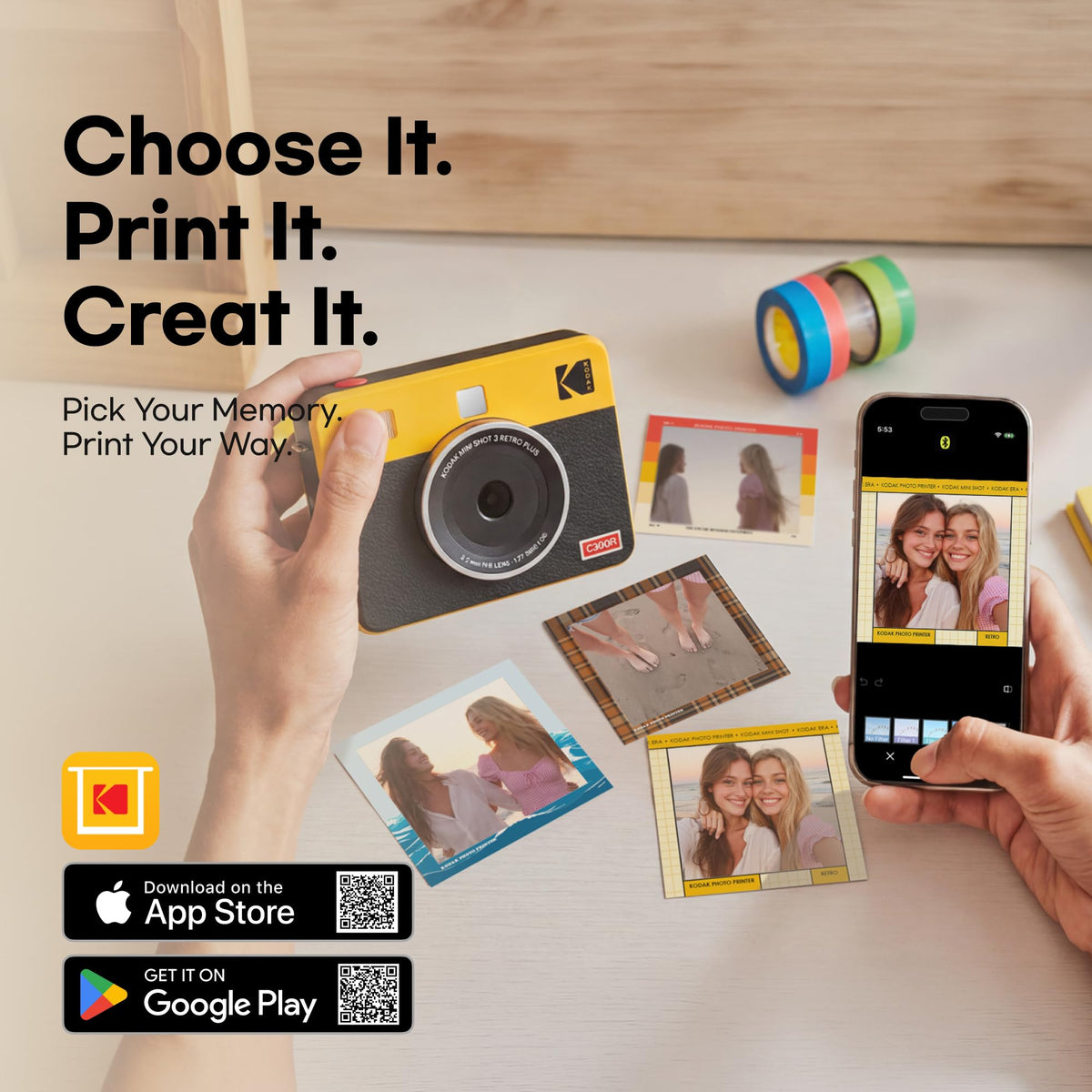 KODAK Mini Shot 3 Retro 3x3 Instant Camera, Photo Printer, 38 Sheet, White