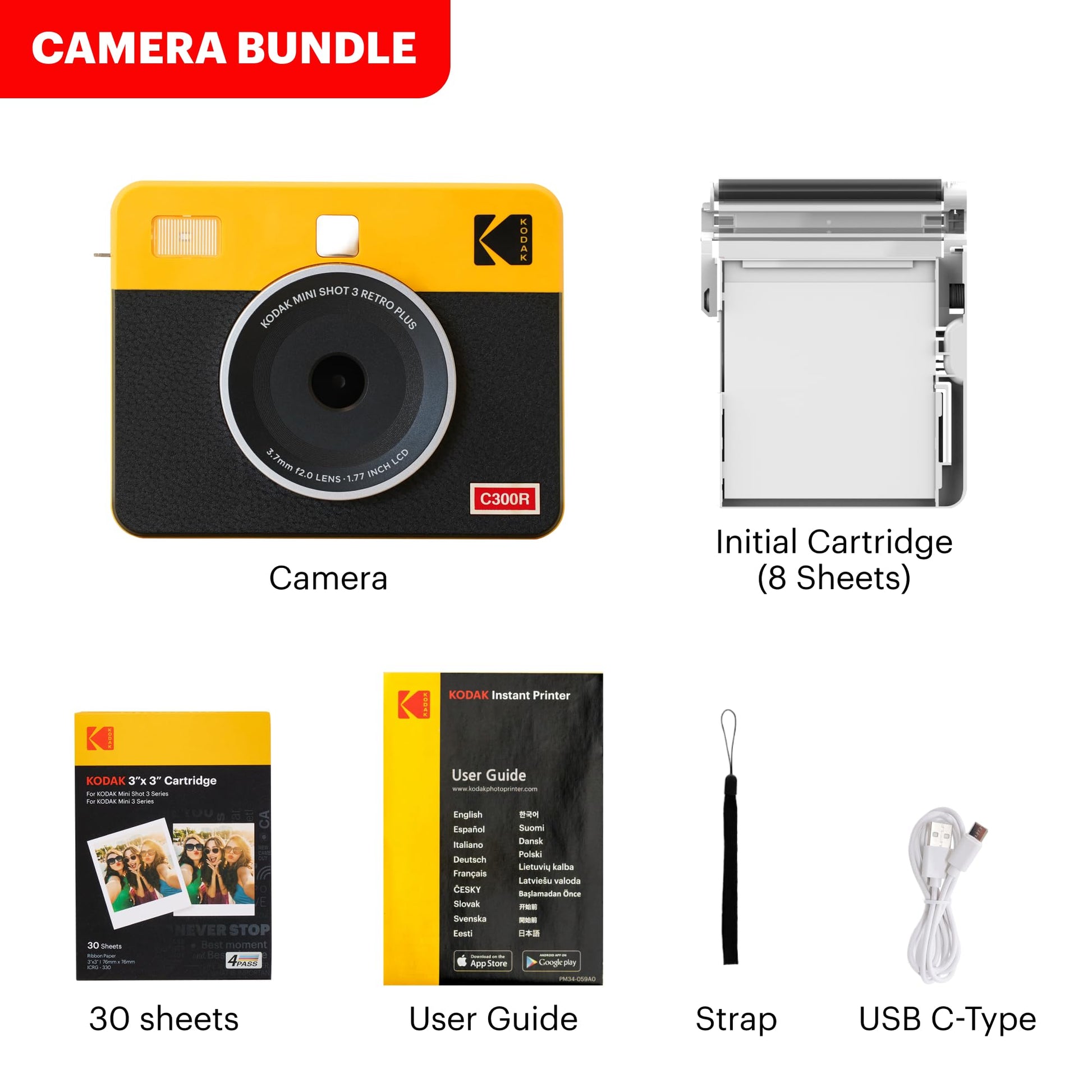 Kodak Mini Shot 3 Retro 4PASS 2-in-1 Instant Camera & Photo Printer with 68 Sheets Bundle - Yellow - Deccan Retail