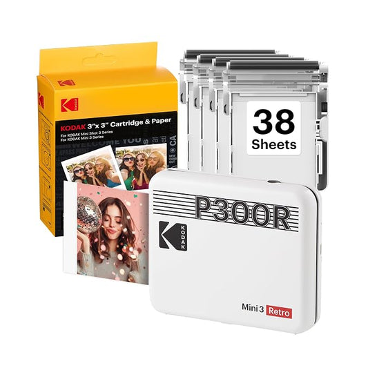 KODAK Mini 3 Retro Portable Photo Printer 3×3" with 38 Sheets Bundle – White