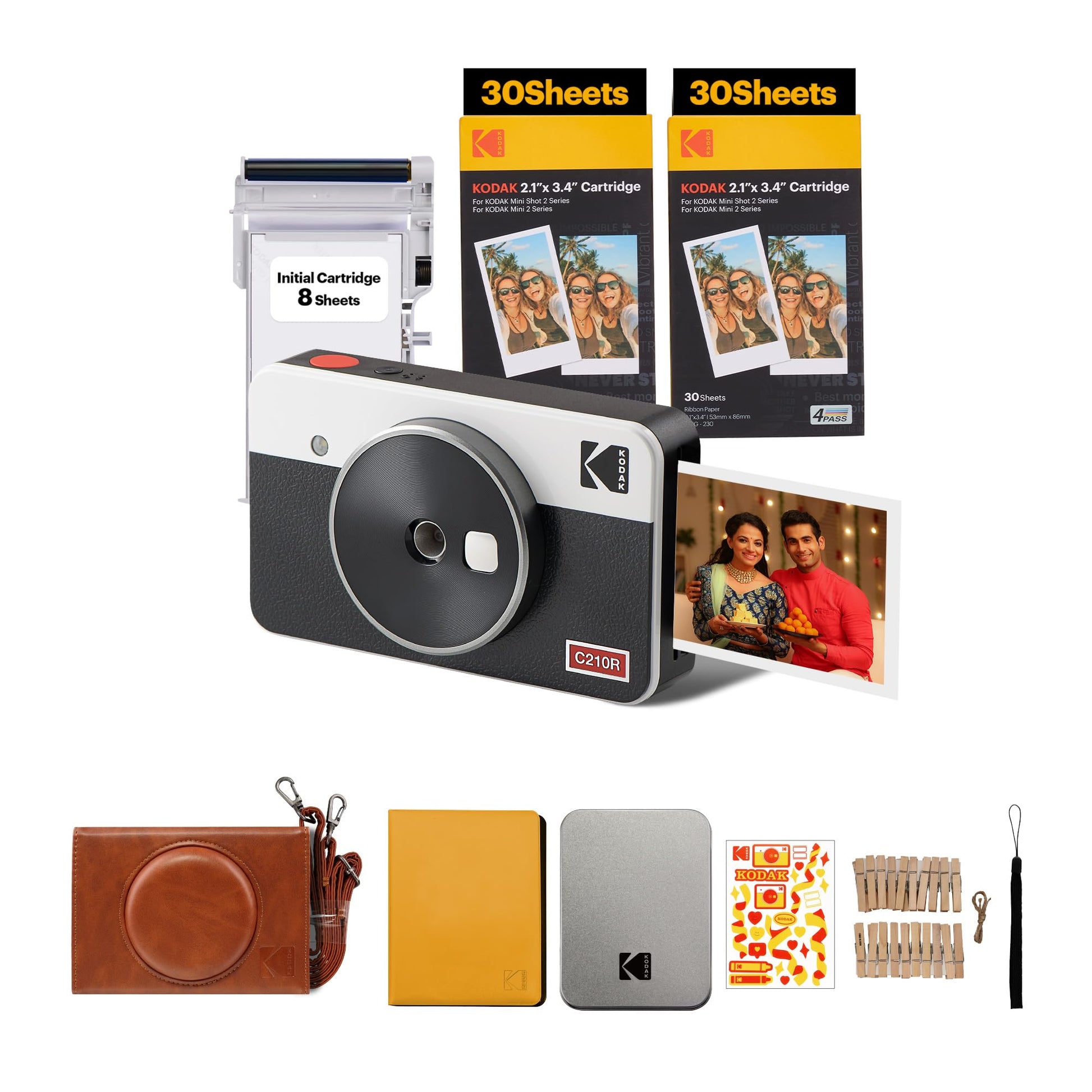 Kodak Mini Shot 2 Retro 4PASS 2-in-1 Instant Camera & Photo Printer 2.1x3.4" with 68 Sheets Bundle - White - Deccan Retail