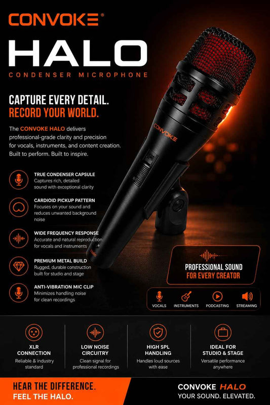 CONVOKE Halo Professional XLR Condenser Microphone for Podcasting Studio Recording | 20Hz–20KHz Frequency Response | Broadcast-Quality Vocal Microphone with XLR Cable & Mic Clip