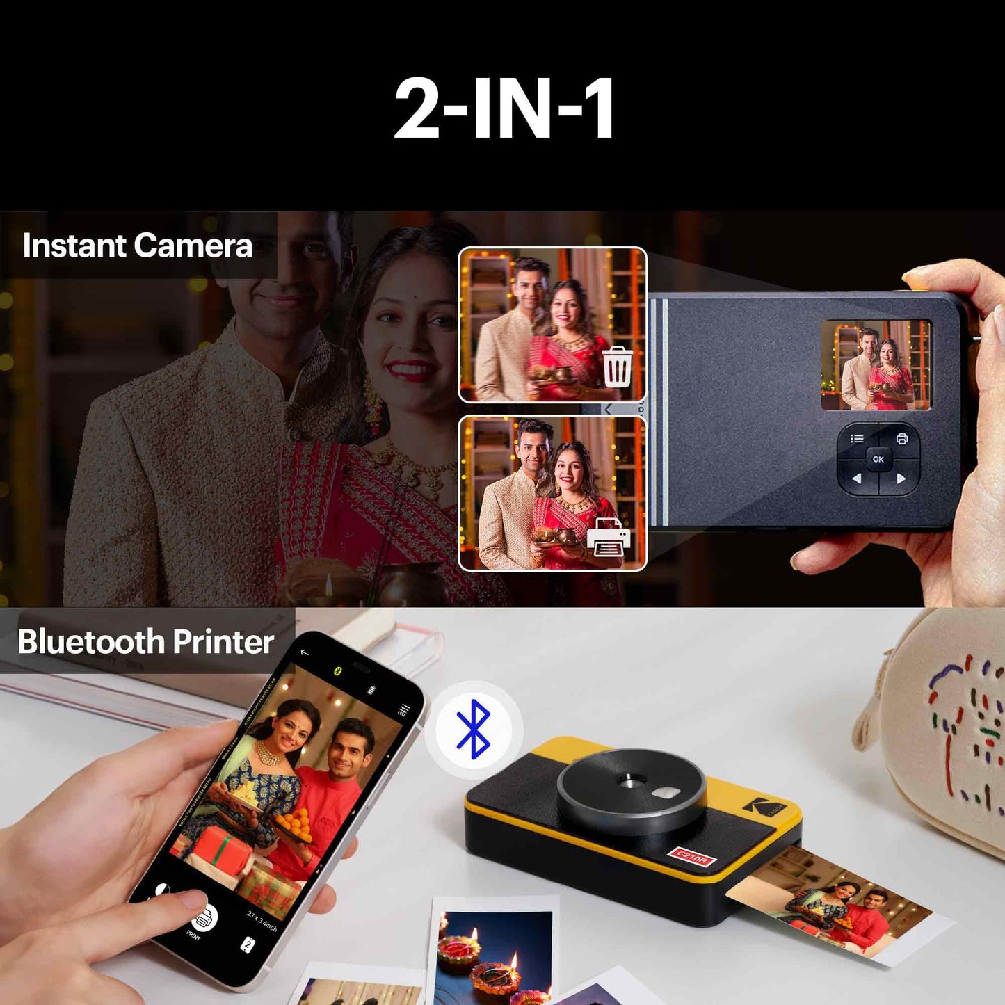 Kodak Mini Shot 2 Retro 4PASS 2-in-1 Instant Camera & Photo Printer 2.1x3.4" with 68 Sheets Bundle - White - Deccan Retail