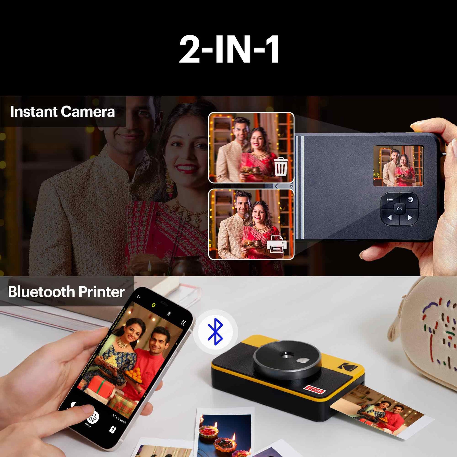 Kodak Mini Shot 2 Retro 4PASS 2-in-1 Instant Camera & Photo Printer 2.1x3.4" with 68 Sheets Bundle - White - Deccan Retail