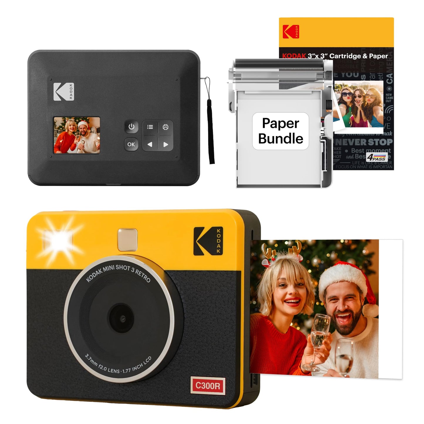 Kodak Mini Shot 3 Retro 4PASS 2-in-1 Instant Camera & Photo Printer with 68 Sheets Bundle - Yellow - Deccan Retail