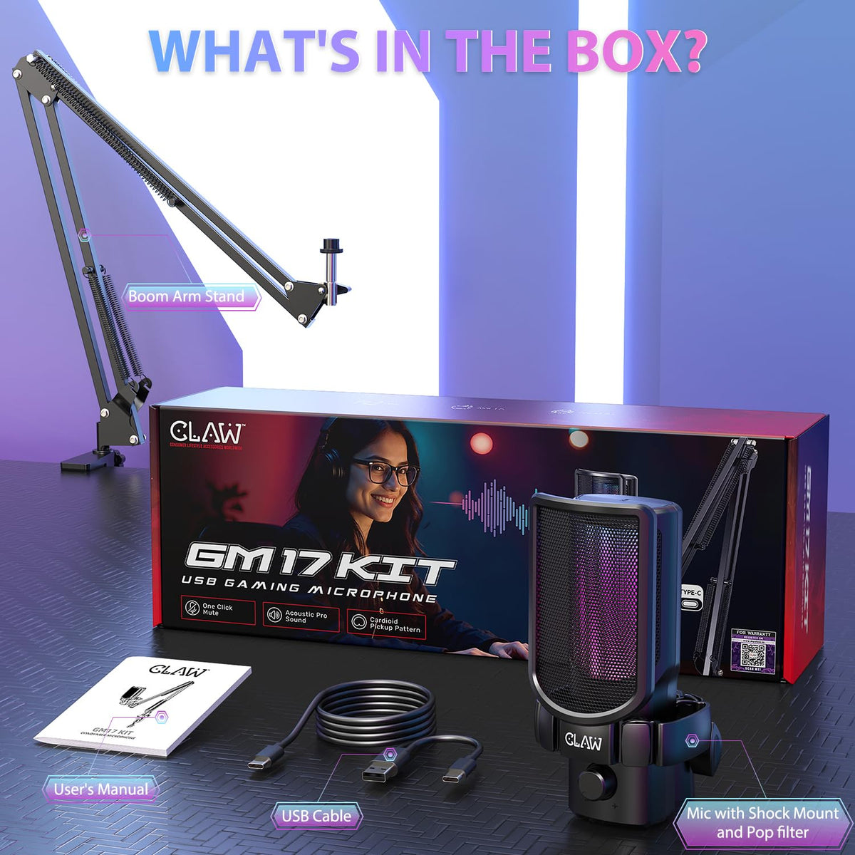 CLAW GM17 Kit RGB Condenser Gaming Microphone with Cardioid & Type-C Connectivity - Deccan Retail
