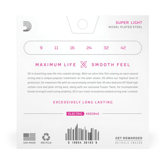 D'Addario XS Coated Electric Guitar Strings Super Light 9-42 (XSE0942) - Deccan Retail