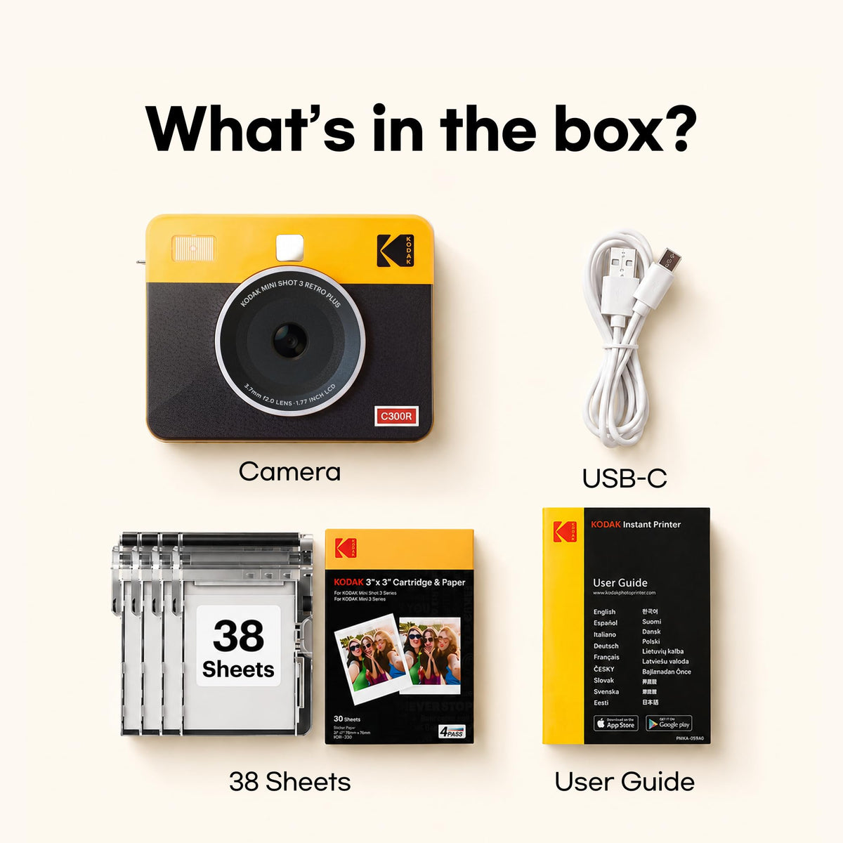 KODAK Mini Shot 3 Retro 3x3 Instant Camera, Photo Printer, 38 Sheet, White