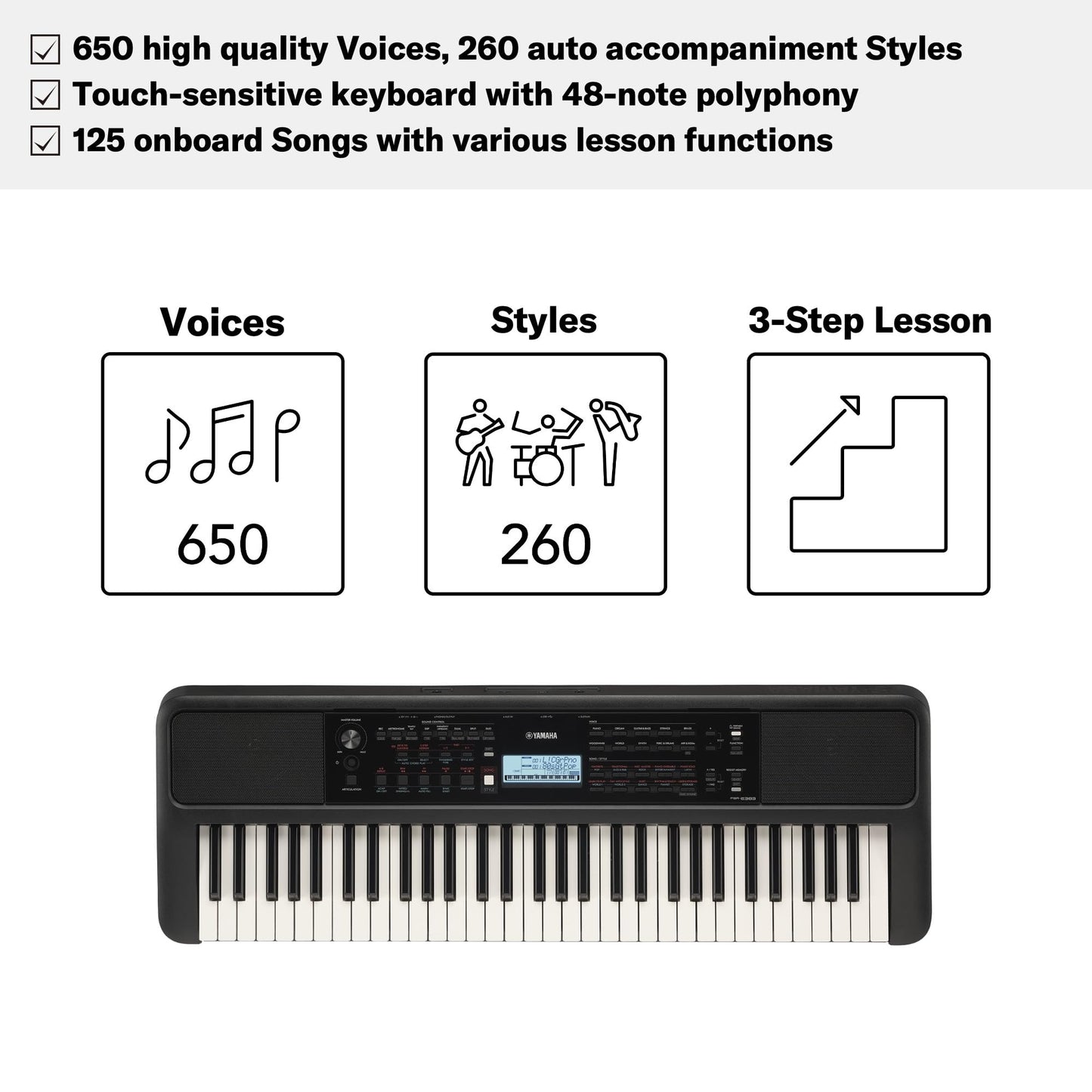 Yamaha PSR-E383 Portable Keyboard – 61 Keys with Touch Sensitivity & Adapter - Deccan Retail