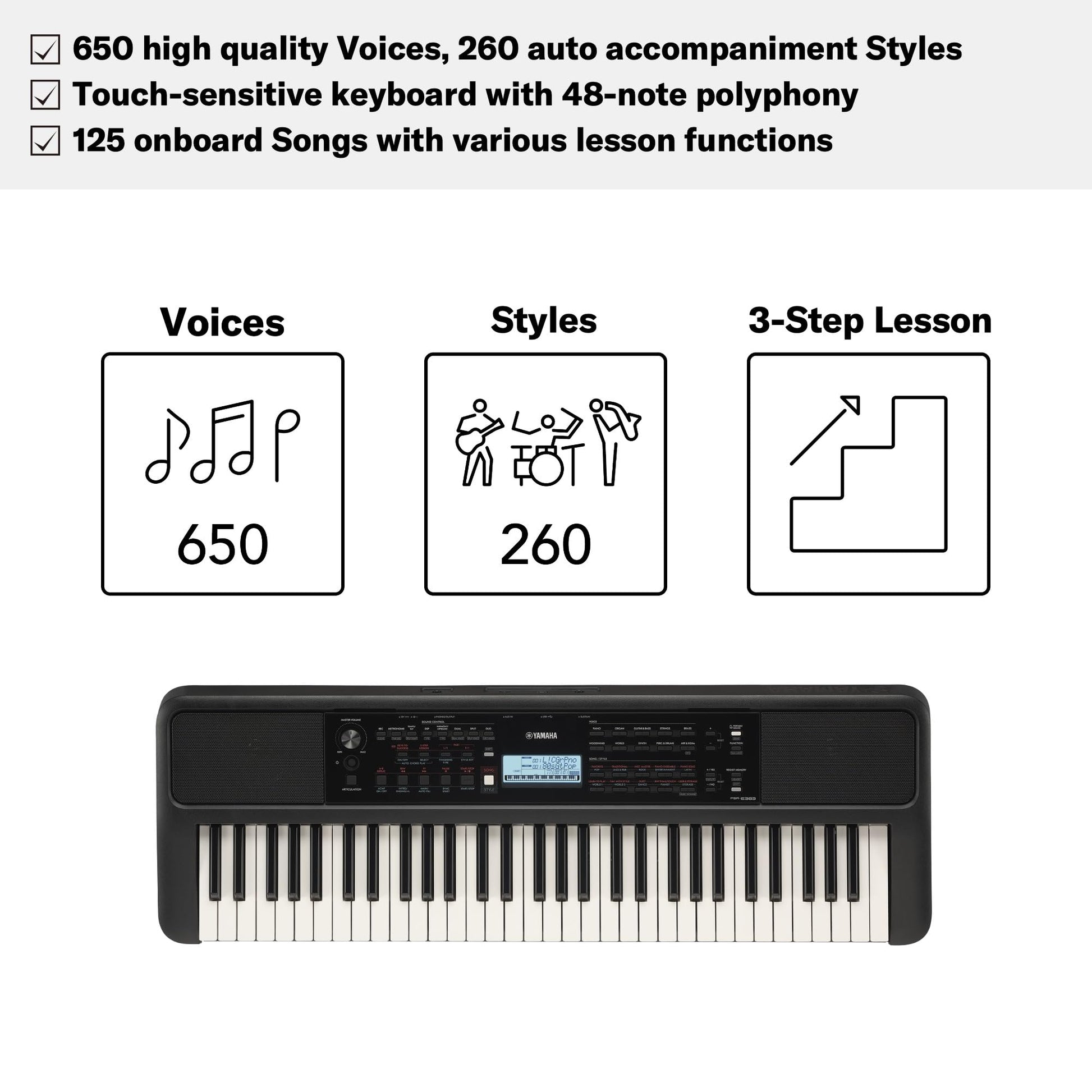 Yamaha PSR-E383 Portable Keyboard – 61 Keys with Touch Sensitivity & Adapter - Deccan Retail