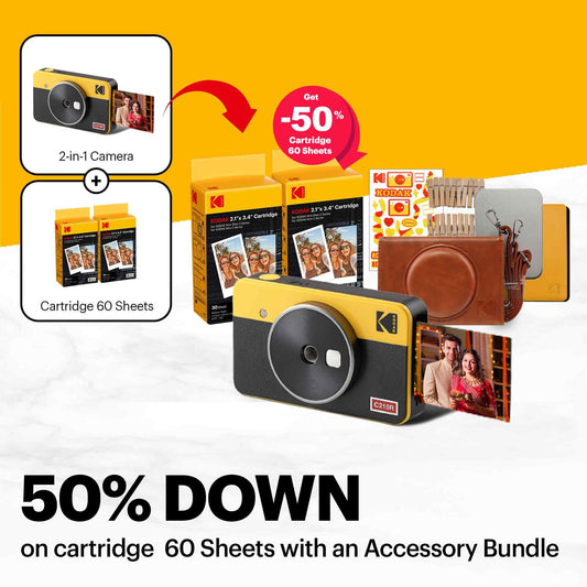 Kodak Mini Shot 2 Retro 4PASS 2-in-1 Instant Camera & Photo Printer 2.1x3.4" with 68 Sheets Bundle - Yellow - Deccan Retail